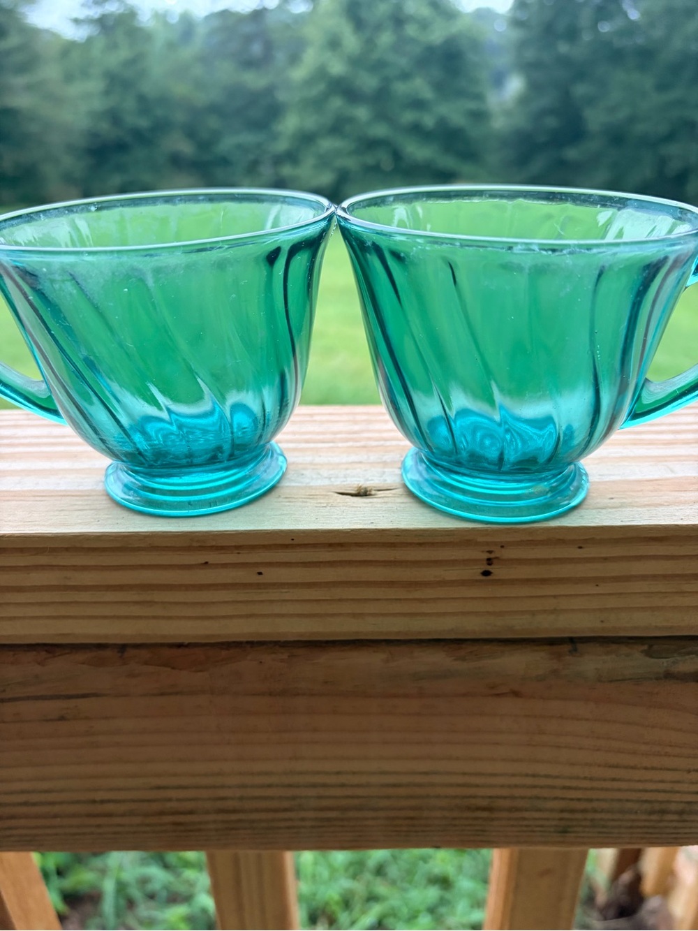 Jeannette Ultramarine Swirl Tea Coffee Cups Set of 2 Blue Green Depression Glass